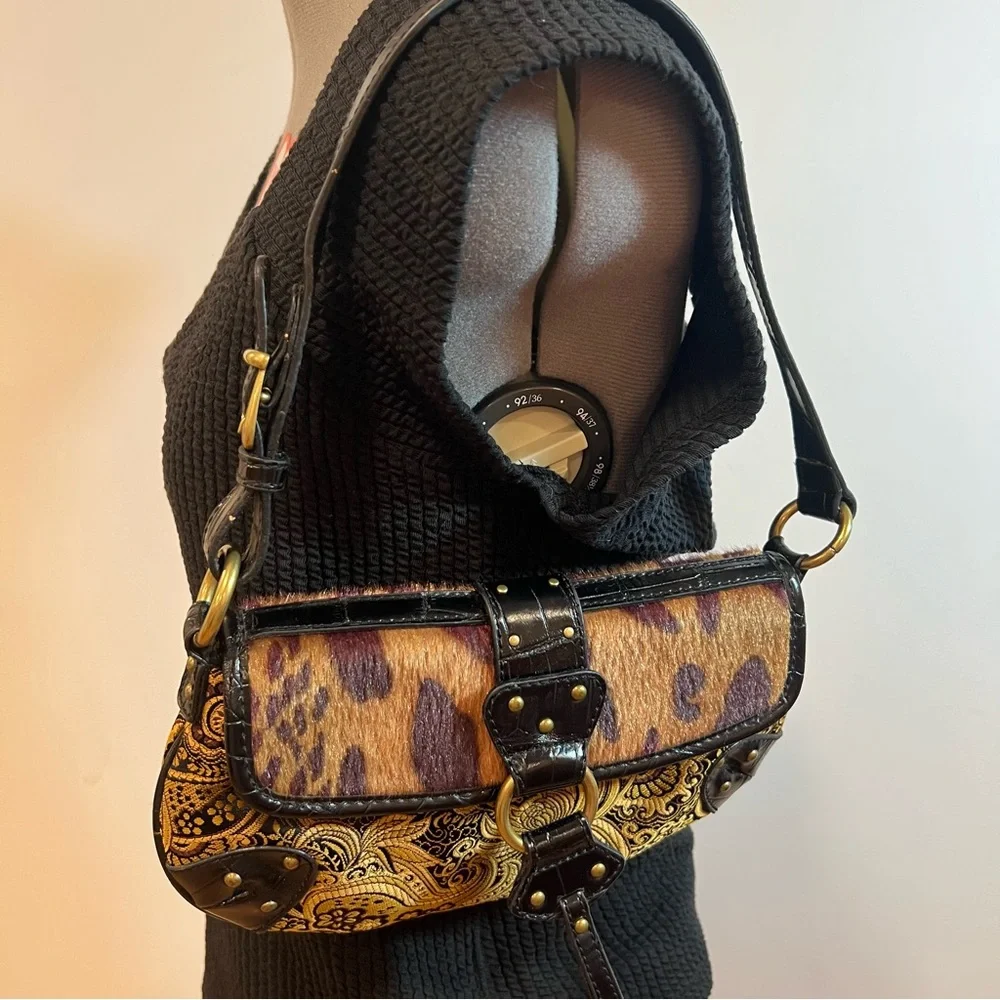 Vintage Nine West Black and Tan Brocade Cheetah Y2K Shoulder Bag - Picture 4 of 17